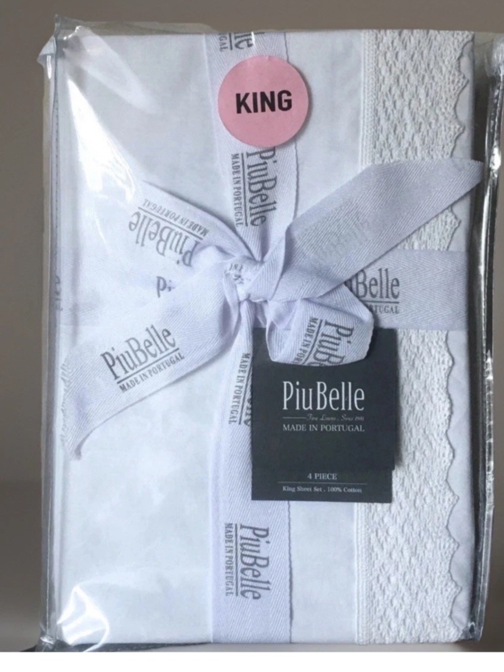 Piu Belle White King Sheet Set Lace Trim Cotton Made in Portugal Luxury New
